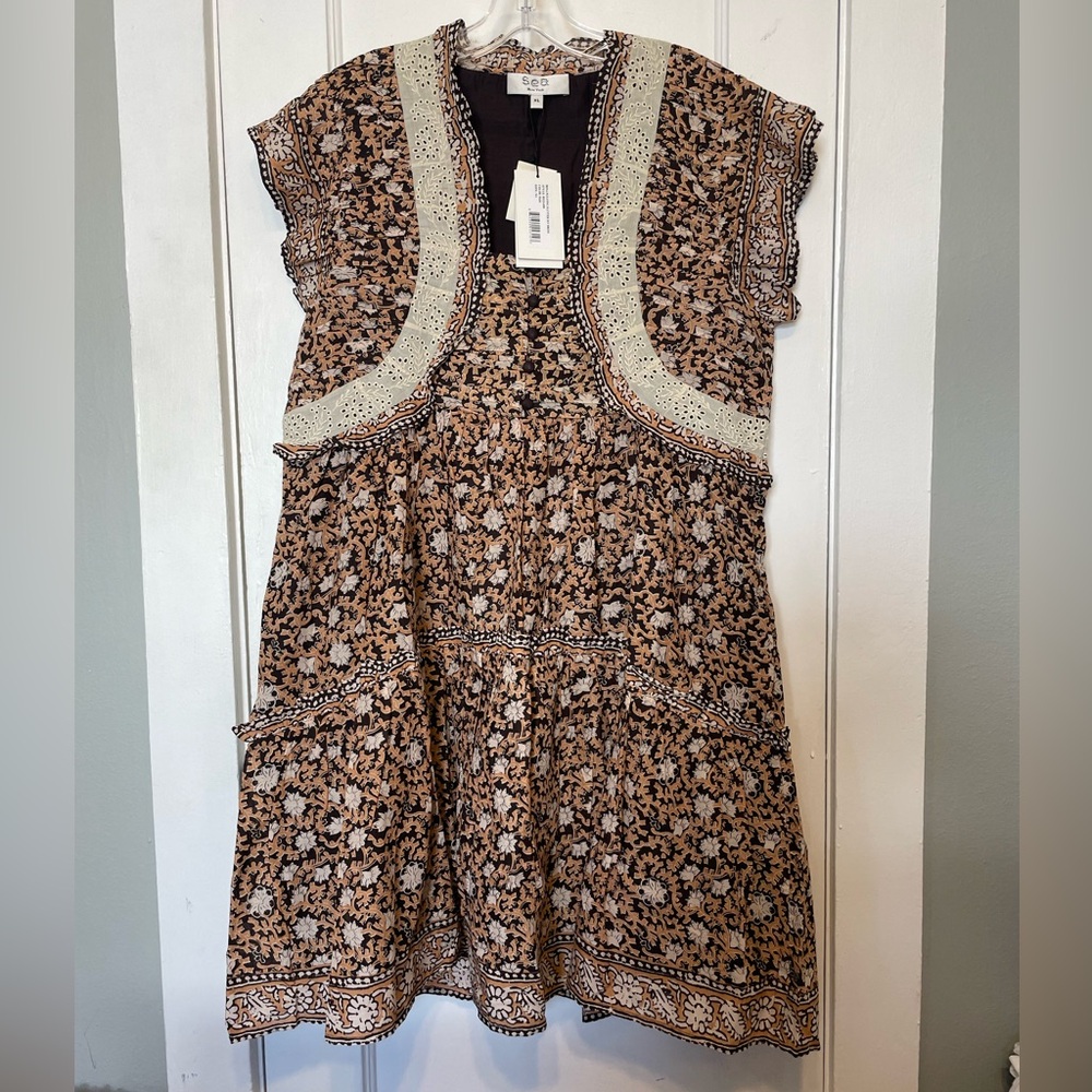 Sea New York Brown and Cream Dress with Lace Detail